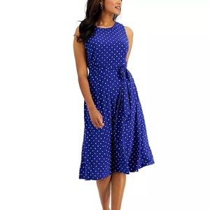 KASPER - Printed Belted Fit & Flare Dress Blue Polka Dot Sleeveless Midi